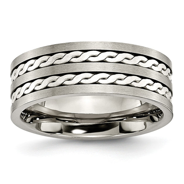 Titanium Sterling Silver Braided Inlay 8mm Brushed and Antiqued Band