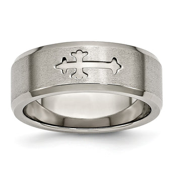 Titanium Cross Design 8mm Satin Beveled Edge Band