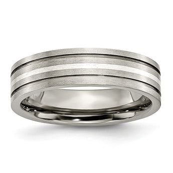 Titanium Grooved Sterling Silver Inlay 6mm Brushed Band
