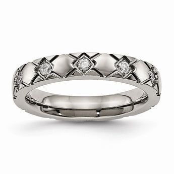 Titanium Polished Criss Cross Grooved CZ Ring