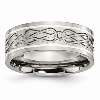 Titanium Sterling Silver Inlay Celtic Knot Flat 8mm Polished Band