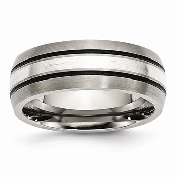 Titanium Grooved Sterling Silver Inlay 8mm Brushed/Antiqued Band