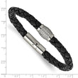 Titanium Polished CZs Black Leather Bracelet