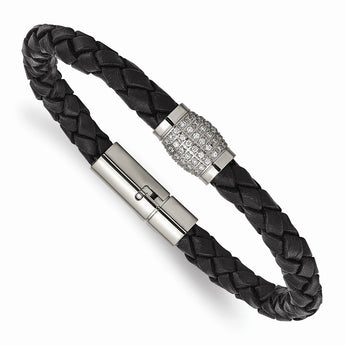 Titanium Polished CZs Black Leather Bracelet