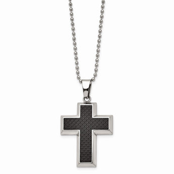 Titanium Polished w/Black Carbon Fiber Inlay Cross 22in Necklace