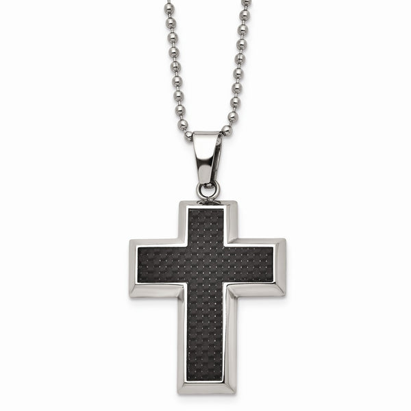 Titanium Polished w/Black Carbon Fiber Inlay Cross 22in Necklace