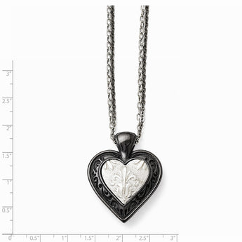 Titanium/Ster.Sil Black Ti Polished Etched Heart w/2 Chain Necklace