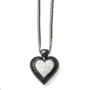 Titanium/Ster.Sil Black Ti Polished Etched Heart w/2 Chain Necklace
