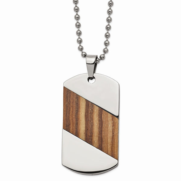Titanium Polished with Wood Inlay Dog Tag 22in Necklace
