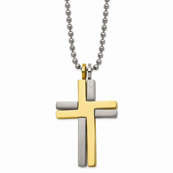 Titanium Brushed & Polished Yellow IP 2-piece Moveable Cross Necklac