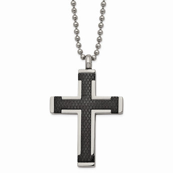 Titanium Polished Black IP-plated Laser Cut Cross 22in Necklace