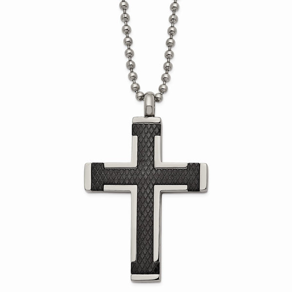 Titanium Polished Black IP-plated Laser Cut Cross 22in Necklace