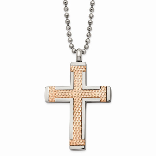 Titanium Polished Rose IP-plated Laser Cut Cross 22in Necklace