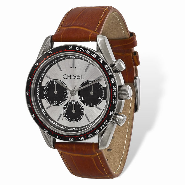 Mens Chisel Stainless Steel Brown Leather Chronograph Watch