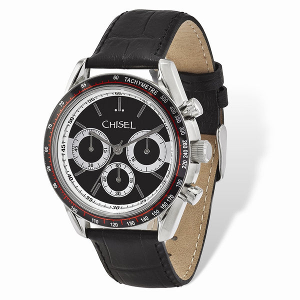 Mens Chisel Stainless Steel Black Leather Chronograph Watch
