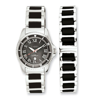 Ladies Chisel Ceramic & Stainless Steel Black Dial Watch & 7.5in Bracelet S