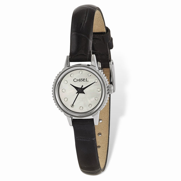 Ladies Chisel Stainless Steel Black Leather Strap Watch