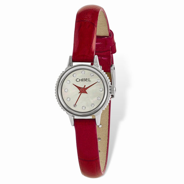 Ladies Chisel Stainless Steel Red Leather Strap Watch