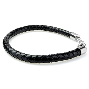 Braided Black Leather Mens Bracelet 6 MM 8.50 Inches with Lobster Stainless Steel Clasp - Birthstone Company