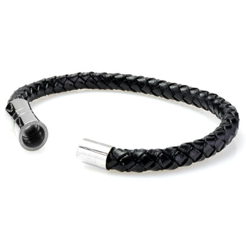 Braided Black Leather Mens Bracelet 6 MM 8.50 Inches with Stainless Steel Magnetic Clasp - Birthstone Company