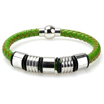 Braided Green Leather Mens Bracelet 6 MM 8.50 Inches with Stainless Steel Magnetic Clasp - Birthstone Company