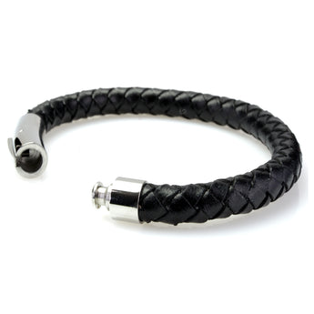 Braided Black Leather Mens Bracelet 8 MM 8.50 Inches with Stainless Steel Magnetic Clasp - Birthstone Company