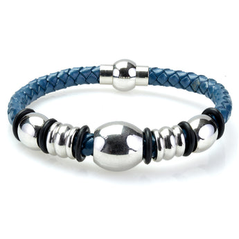 Braided Dark Blue Leather Mens Bracelet 6 MM 8.50 Inches with Stainless Steel Magnetic Clasp - Birthstone Company