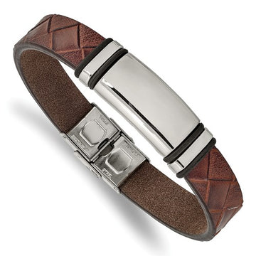 Stainless Steel Polished Brown Faux Leather With Black Rubber ID Bracelet - Birthstone Company